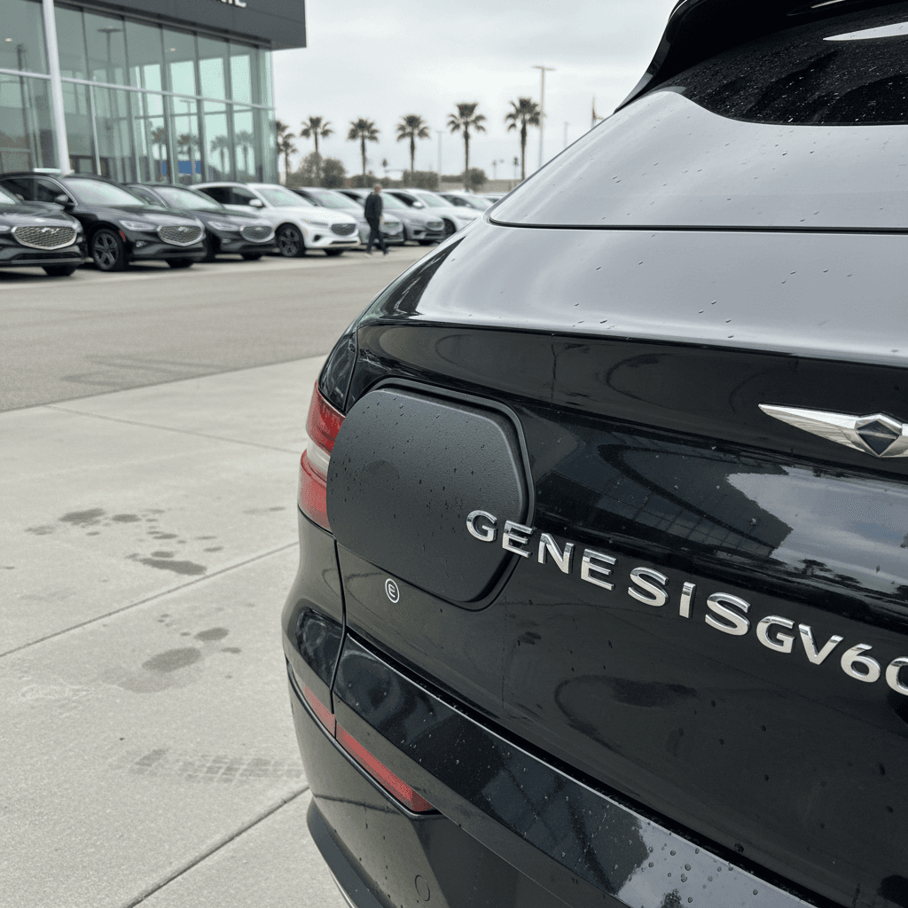 Genesis GV60 rear badge and charging port during appraisal at a dealership