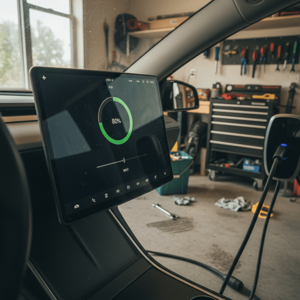 Tesla Model Y charging at home with charge limit set around 80 percent on the center screen