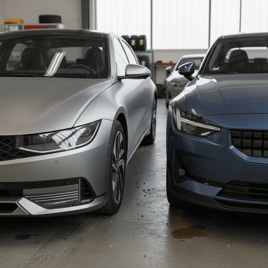 Hyundai Ioniq 6 and Polestar 2 parked side by side highlighting their contrasting fastback designs