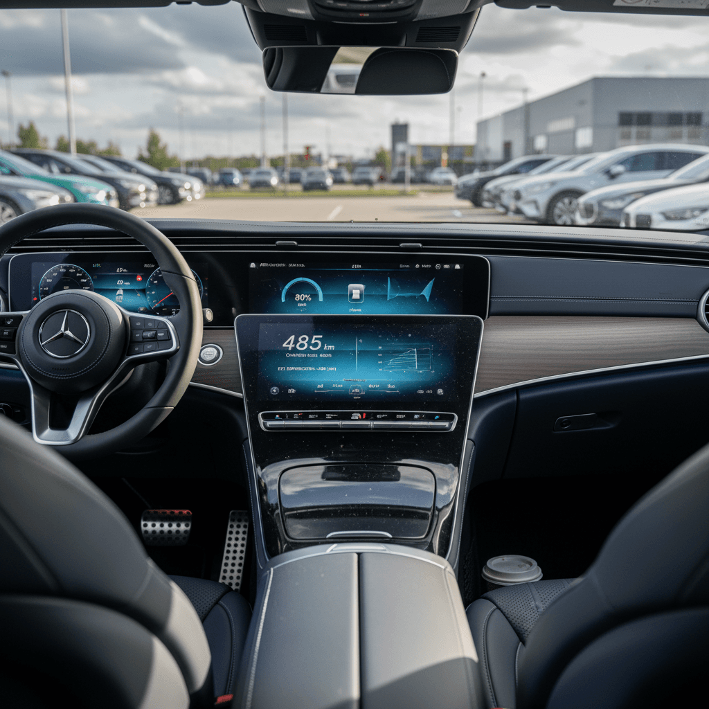 Close-up of a Mercedes EQE digital dashboard showing battery state of charge and estimated range