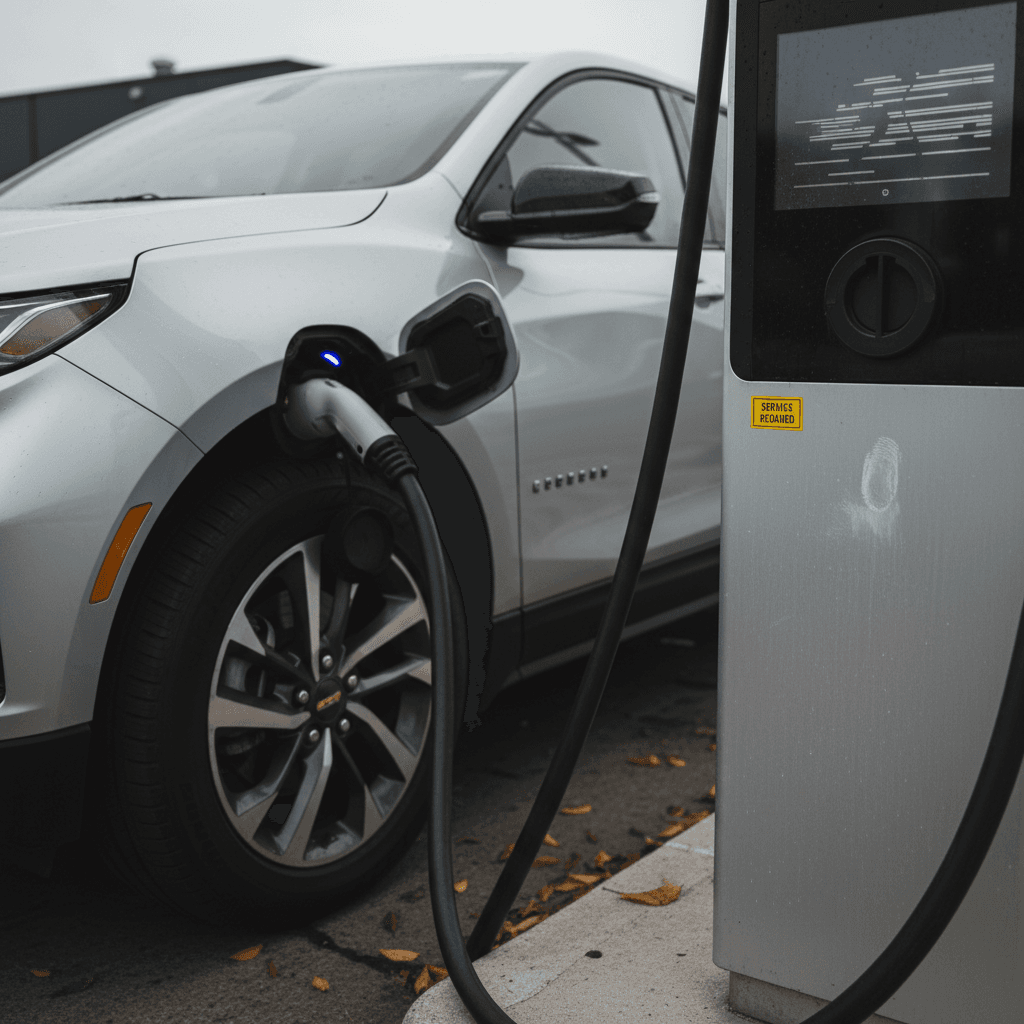 Chevrolet Equinox EV plugged into a DC fast charging station, close-up of the charge port and charger display