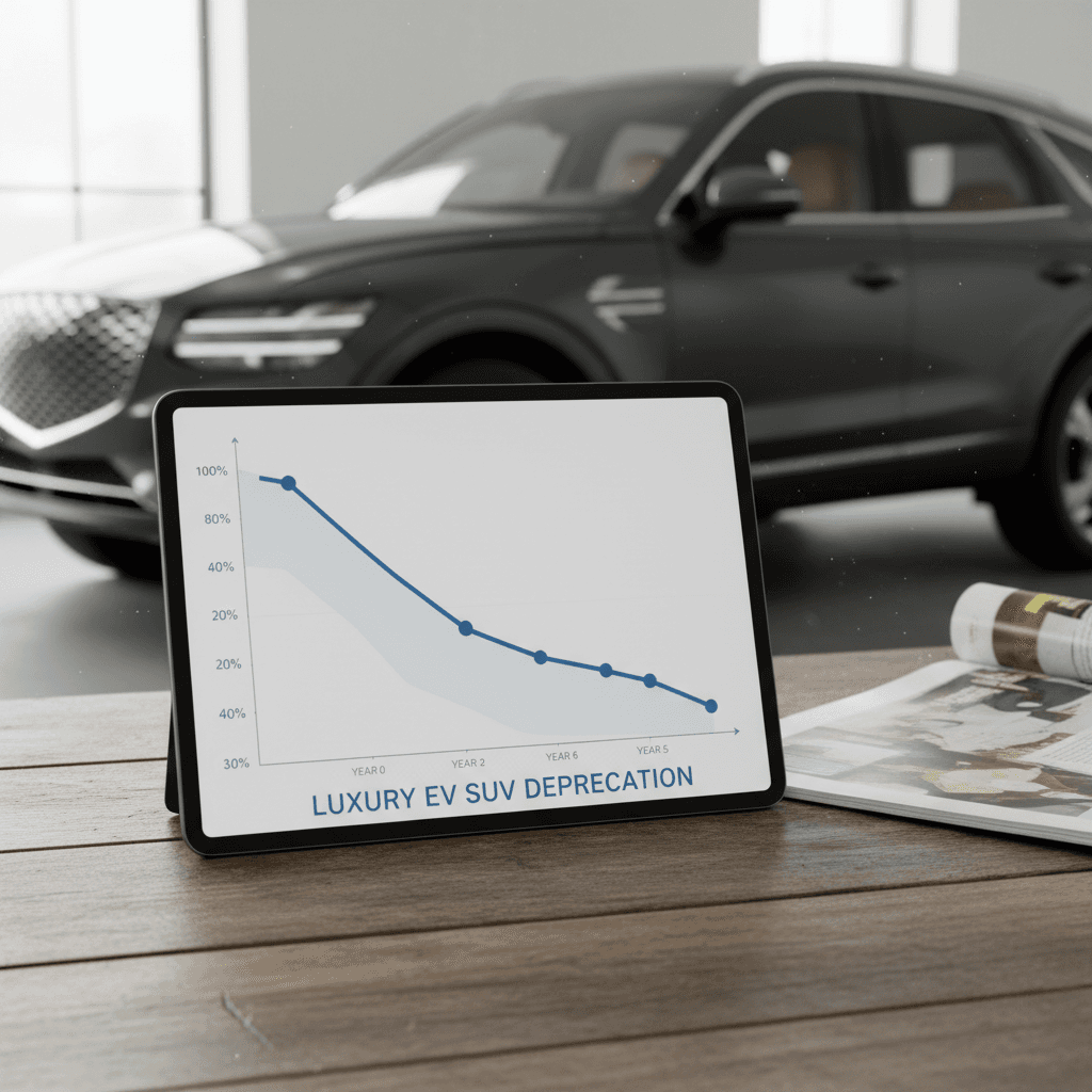 Illustrated 5‑year depreciation curve showing a luxury electric SUV like the Genesis Electrified GV70 dropping steeply in value years 1–3 then flattening out