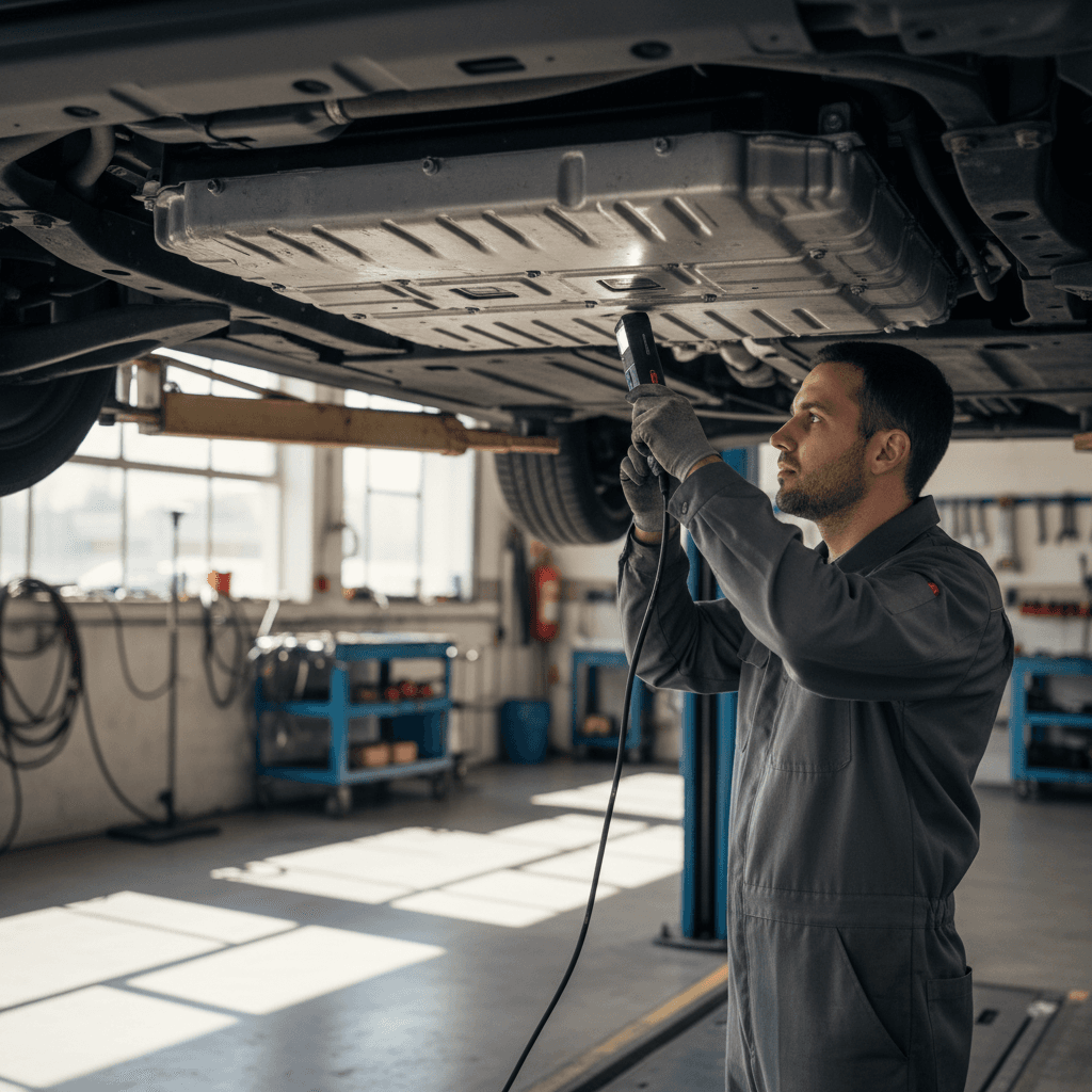 Technician inspecting the high-voltage battery pack of a 2023 Mercedes EQB on a lift