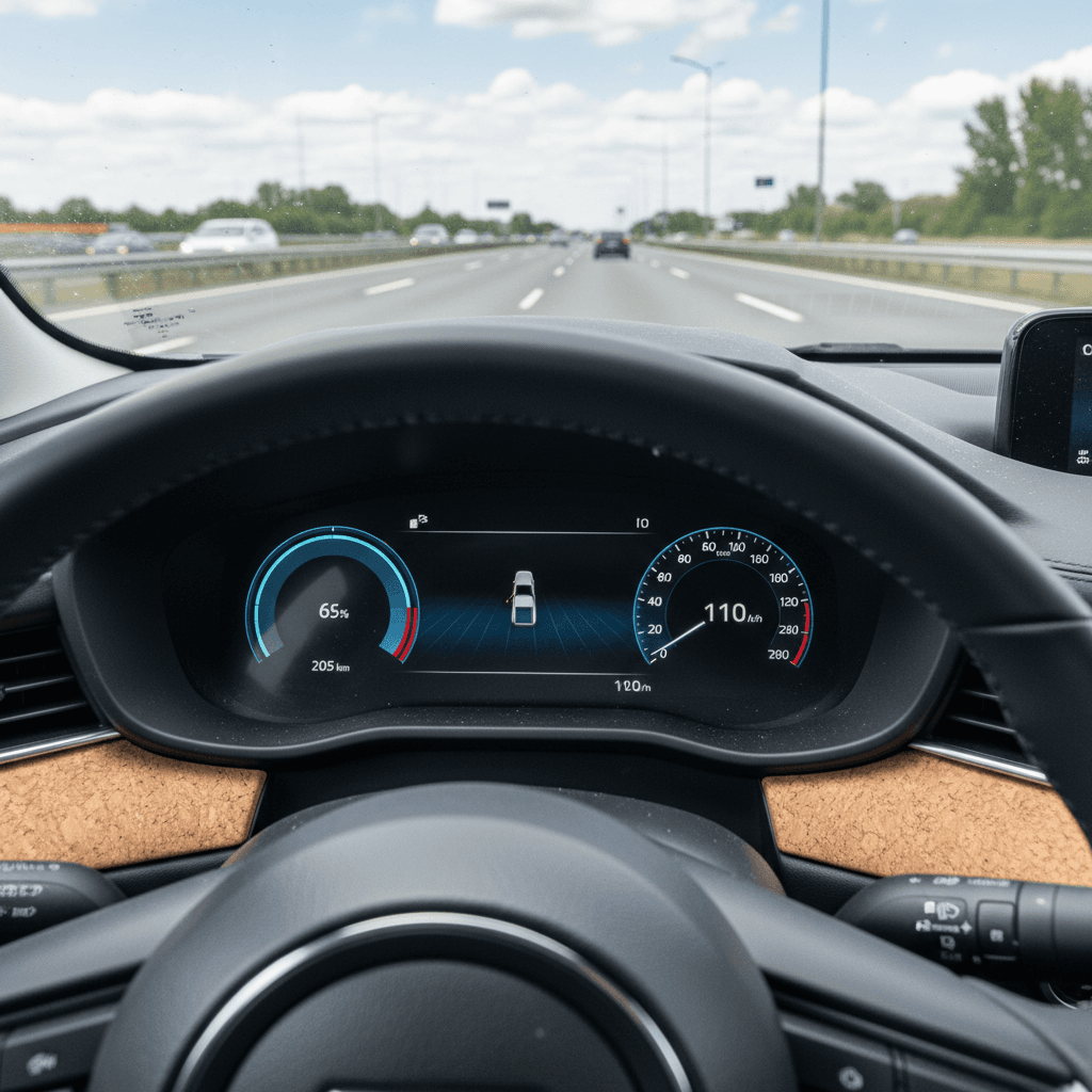 Mazda MX-30 instrument cluster displaying battery state of charge and remaining range at highway speed