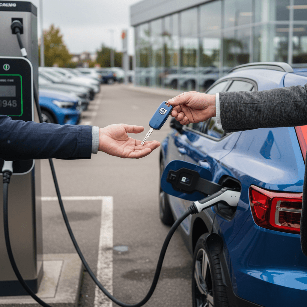 Seller and buyer reviewing a battery health and range report for a used Volvo EX40 at an EV-focused dealership
