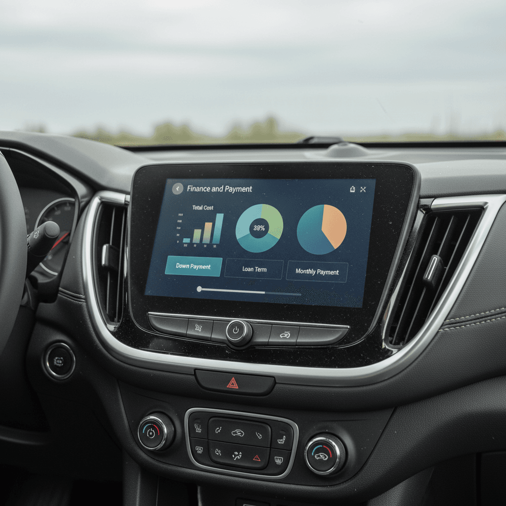 Chevrolet Equinox EV interior with driver viewing a digital screen that could show finance and payment information