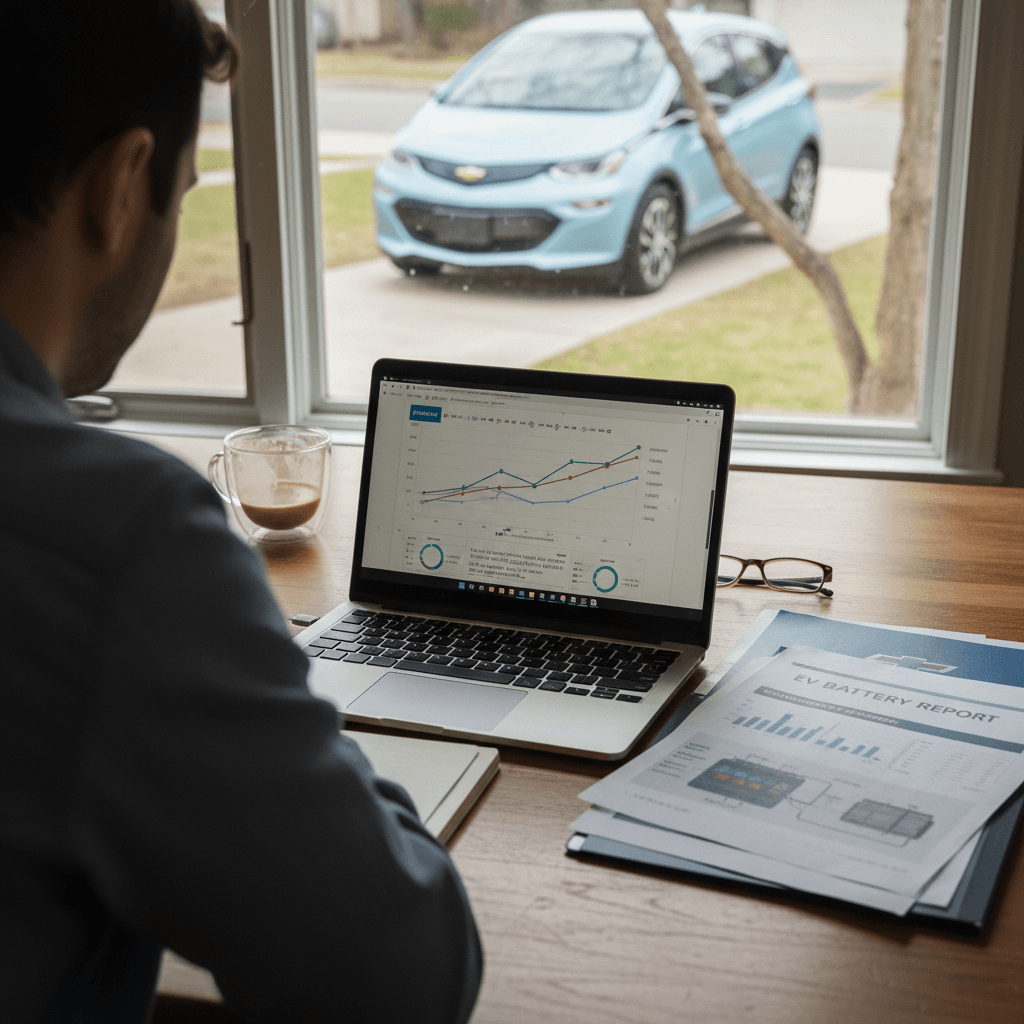 Owner reviewing a Chevrolet Bolt EV battery health report and service records at a table with a laptop