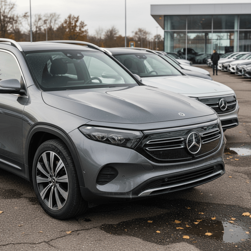 Row of used Mercedes EQB electric SUVs on a dealer lot, positioned as an affordable way into luxury EV ownership