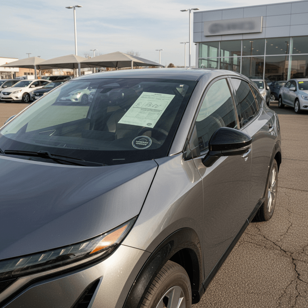 Used Nissan Ariya electric SUV parked on a dealer lot showing a discounted price on the windshield
