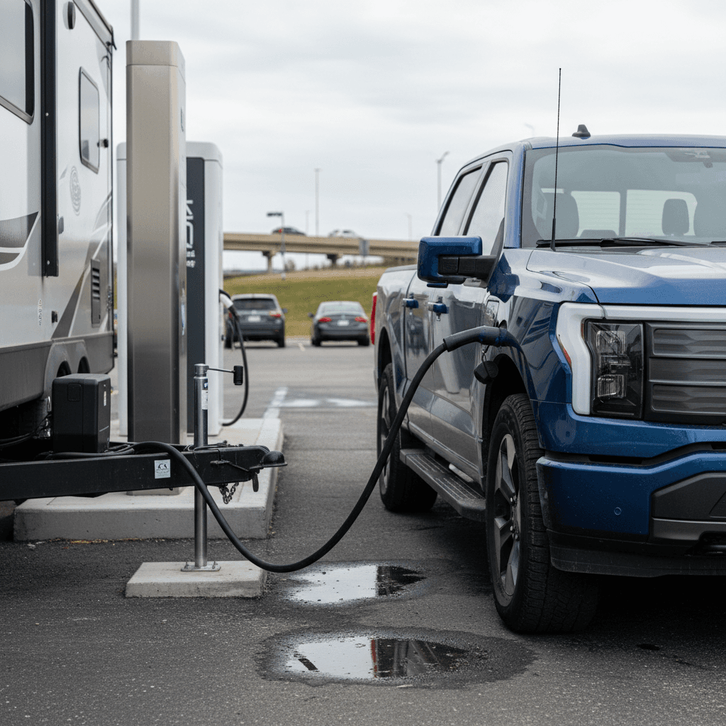 2023 Ford F-150 Lightning towing a camping trailer while plugged into a highway fast charger