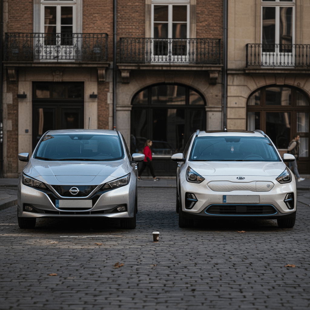 Nissan Leaf hatchback and Kia Niro EV crossover parked at adjacent fast chargers, highlighting different charging connectors and cable setups