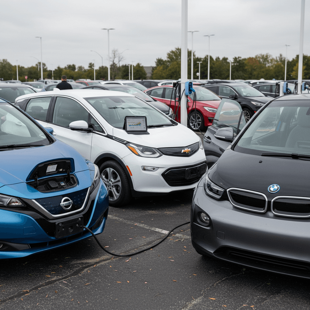 Row of used electric vehicles parked in a dealership lot