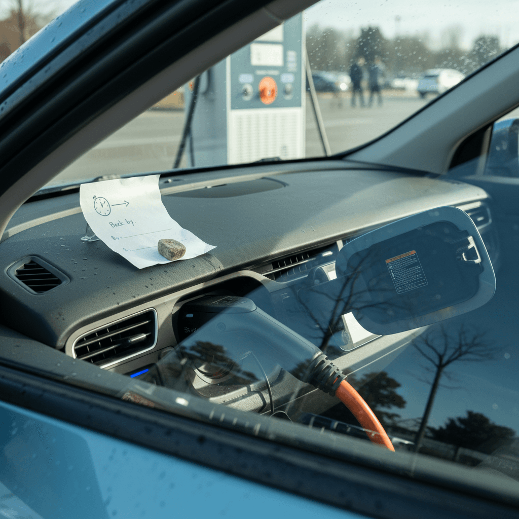 Electric vehicle plugged into public Level 2 charger with a polite note on the dashboard indicating when the driver will move the car