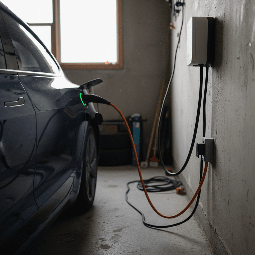 Tesla Model 3 charging in a residential garage from a wall-mounted home charger and mobile connector