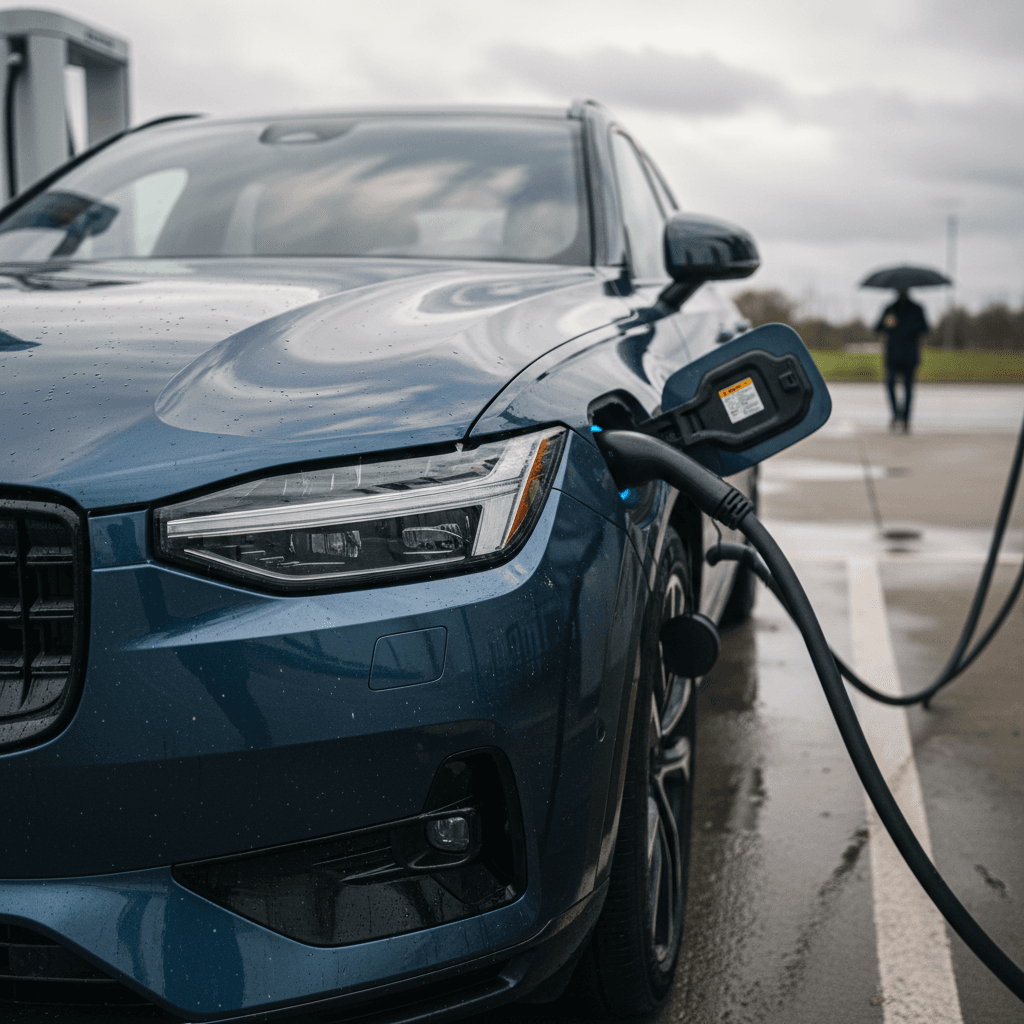 Volvo EX90 plugged into a high-power DC fast charger, showing the charge port open and front three-quarter view.