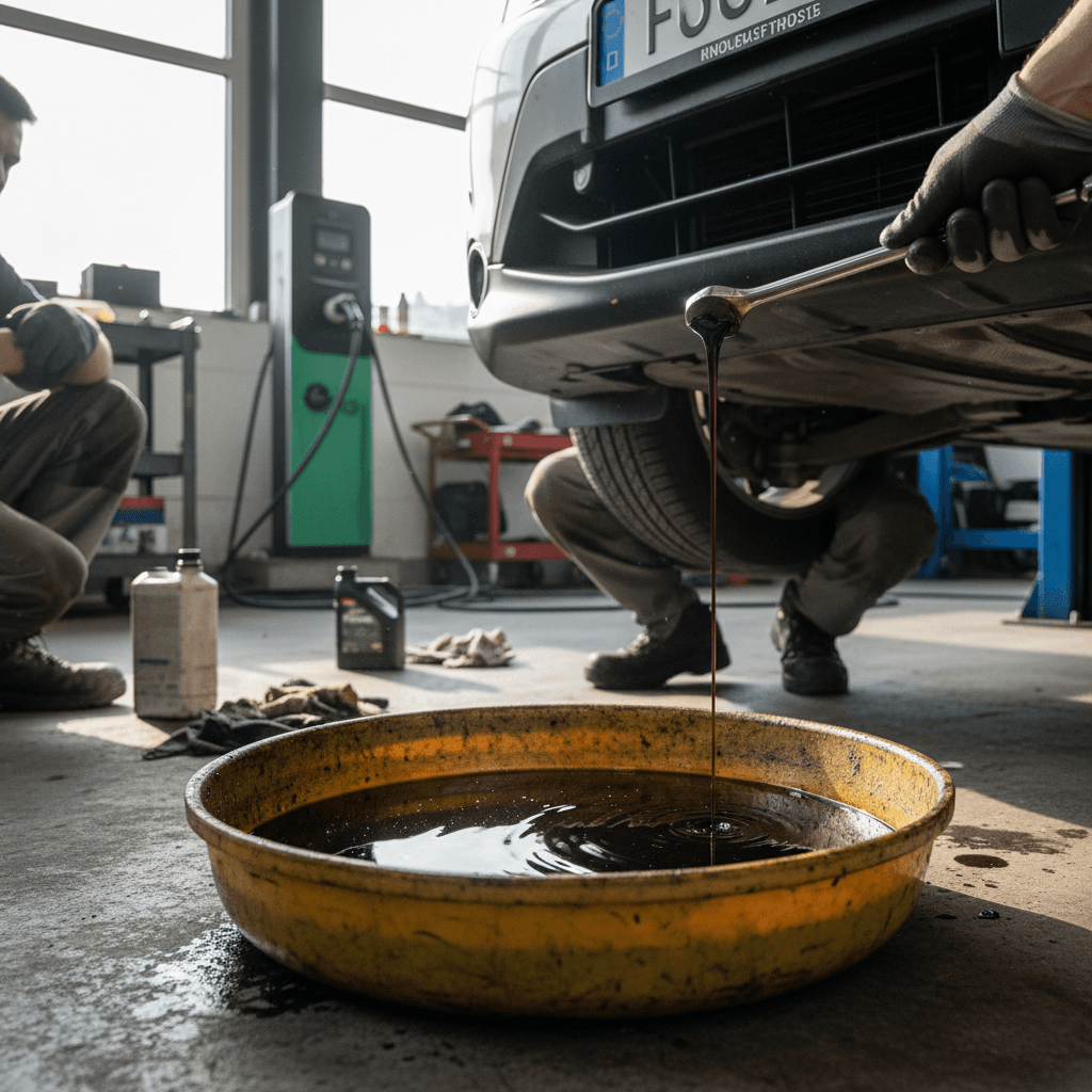 Mechanic draining used engine oil from a Nissan during a scheduled service