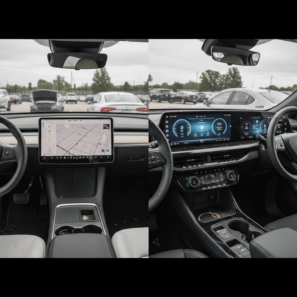 Side-by-side comparison of Tesla Model Y and Chevy Blazer EV interiors highlighting their different dashboard layouts