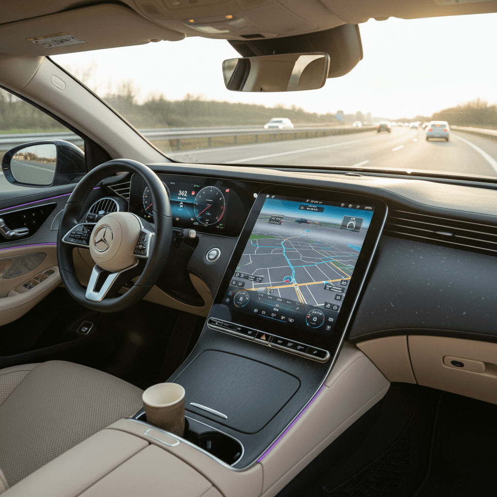 Mercedes EQS driver view of highway with navigation and range estimate on central screen