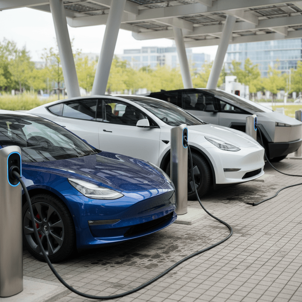 Tesla Model 3 sedan, Model Y SUV, and Cybertruck parked side by side at a charging station