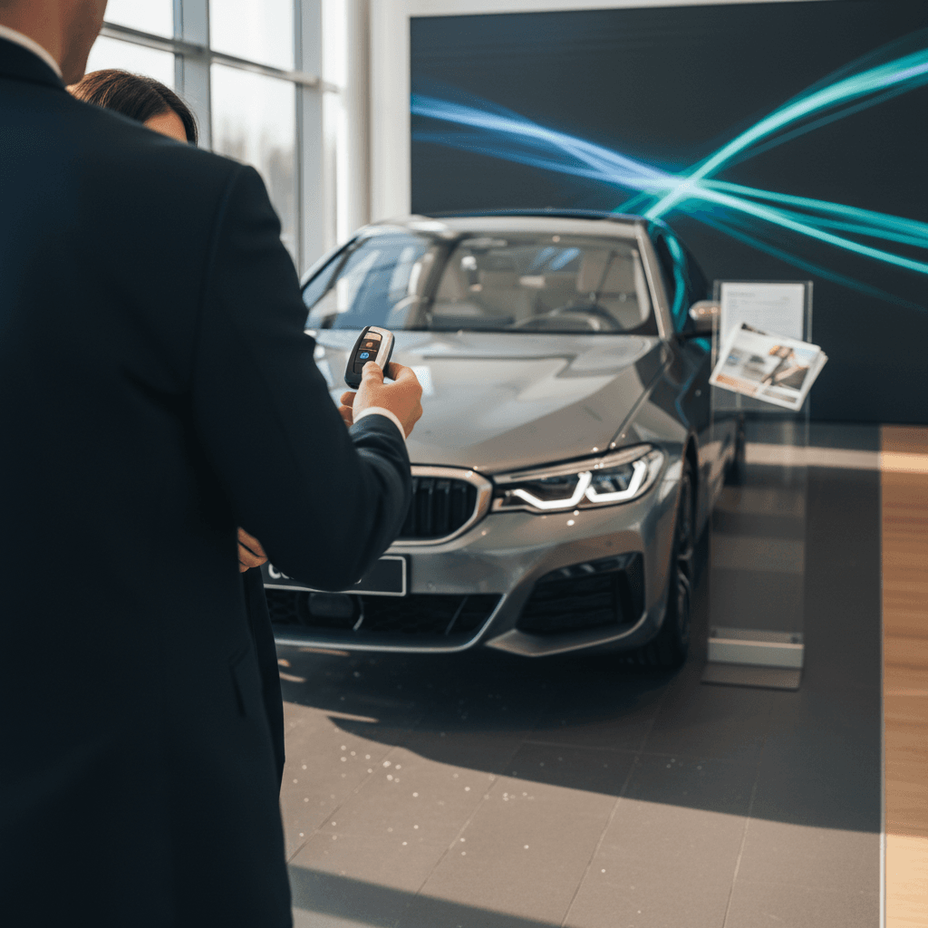 Owner and buyer reviewing a BMW i5 battery health report in a modern EV showroom