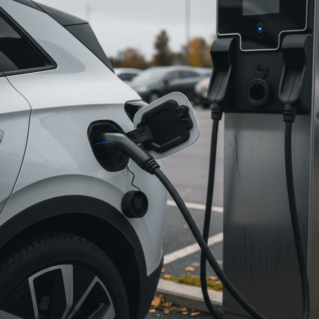 Volkswagen ID.4 plugged into a public DC fast charger with cable connected to the charge port