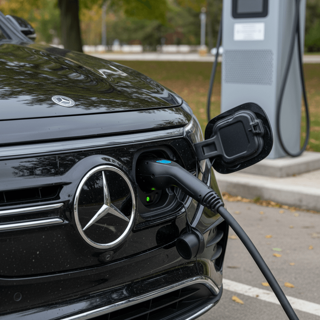 A 2024 Mercedes EQB plugged into a public DC fast charger, showing the charging port integrated into the front grille area