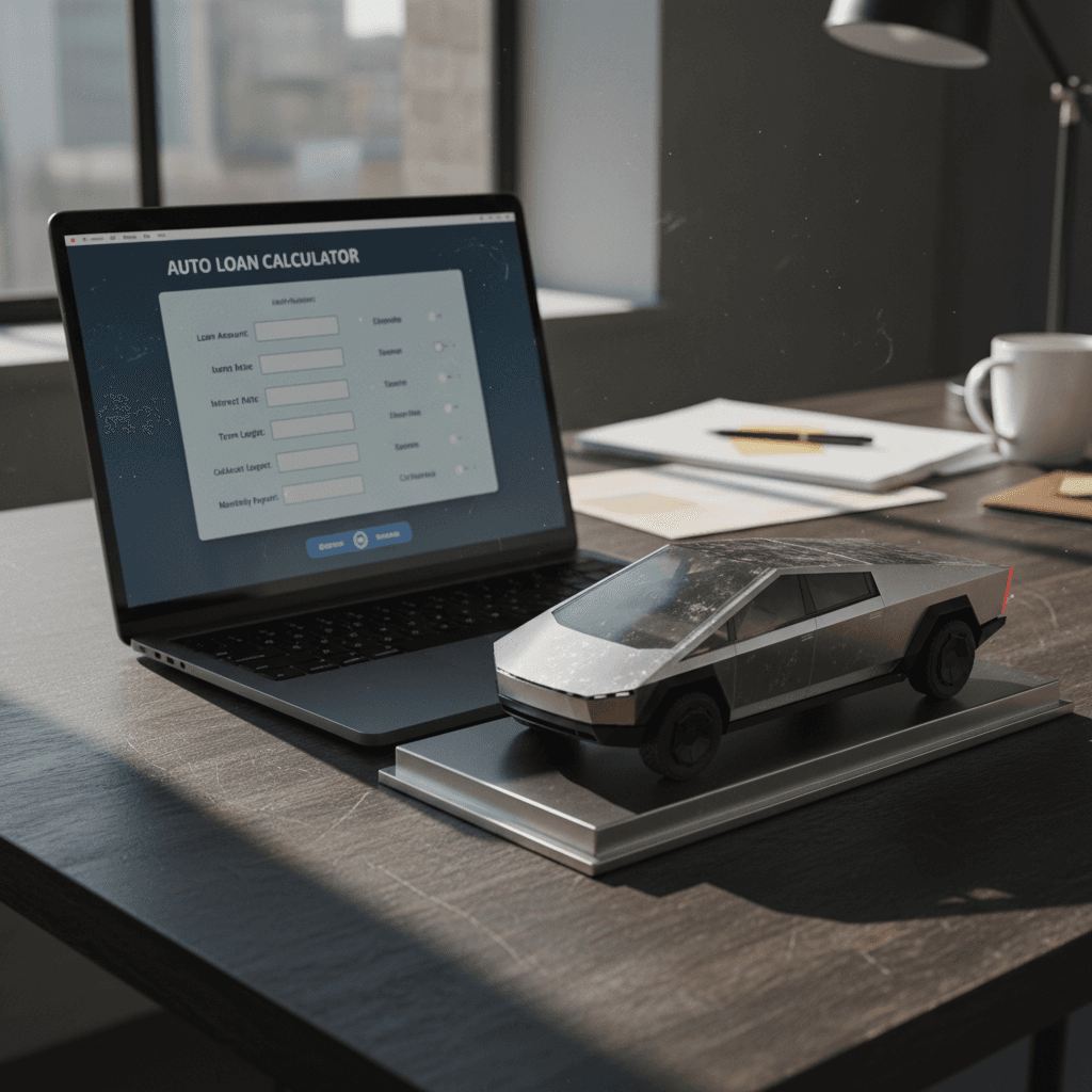 Laptop open to an auto loan calculator beside a small model of a futuristic stainless steel electric pickup truck