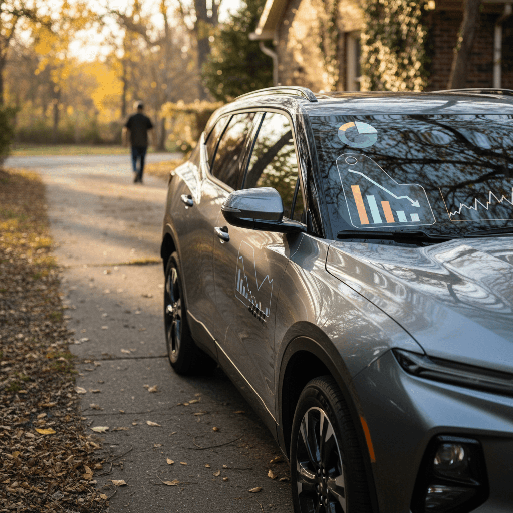 Chevy Blazer EV parked in a driveway with price tags and an illustrated value trend line emphasising depreciation over time