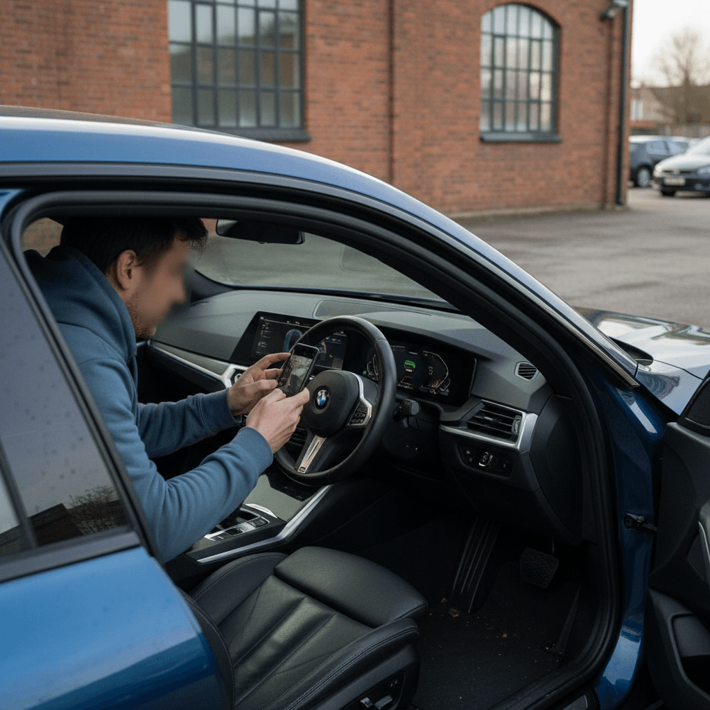 Owner photographing a BMW i4 exterior and interior after cleaning the car thoroughly