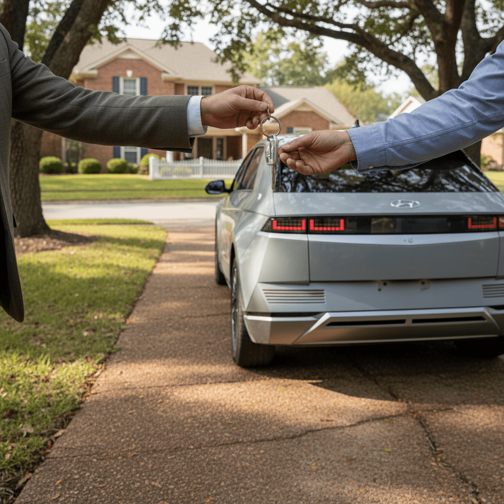 Hyundai IONIQ 5 owner handing keys to a buyer in a New Jersey driveway