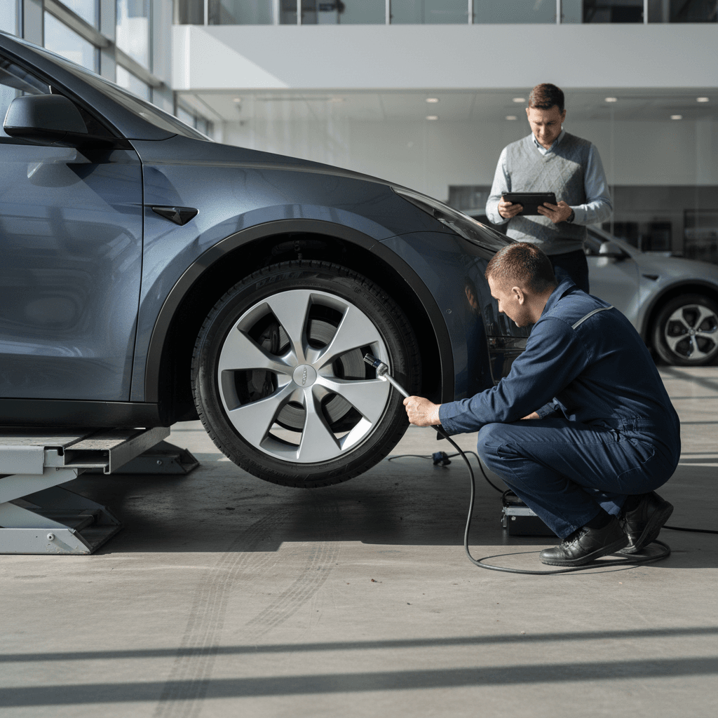 Technician performing a pre-purchase inspection on a used 2022 Tesla Model Y in a bright showroom