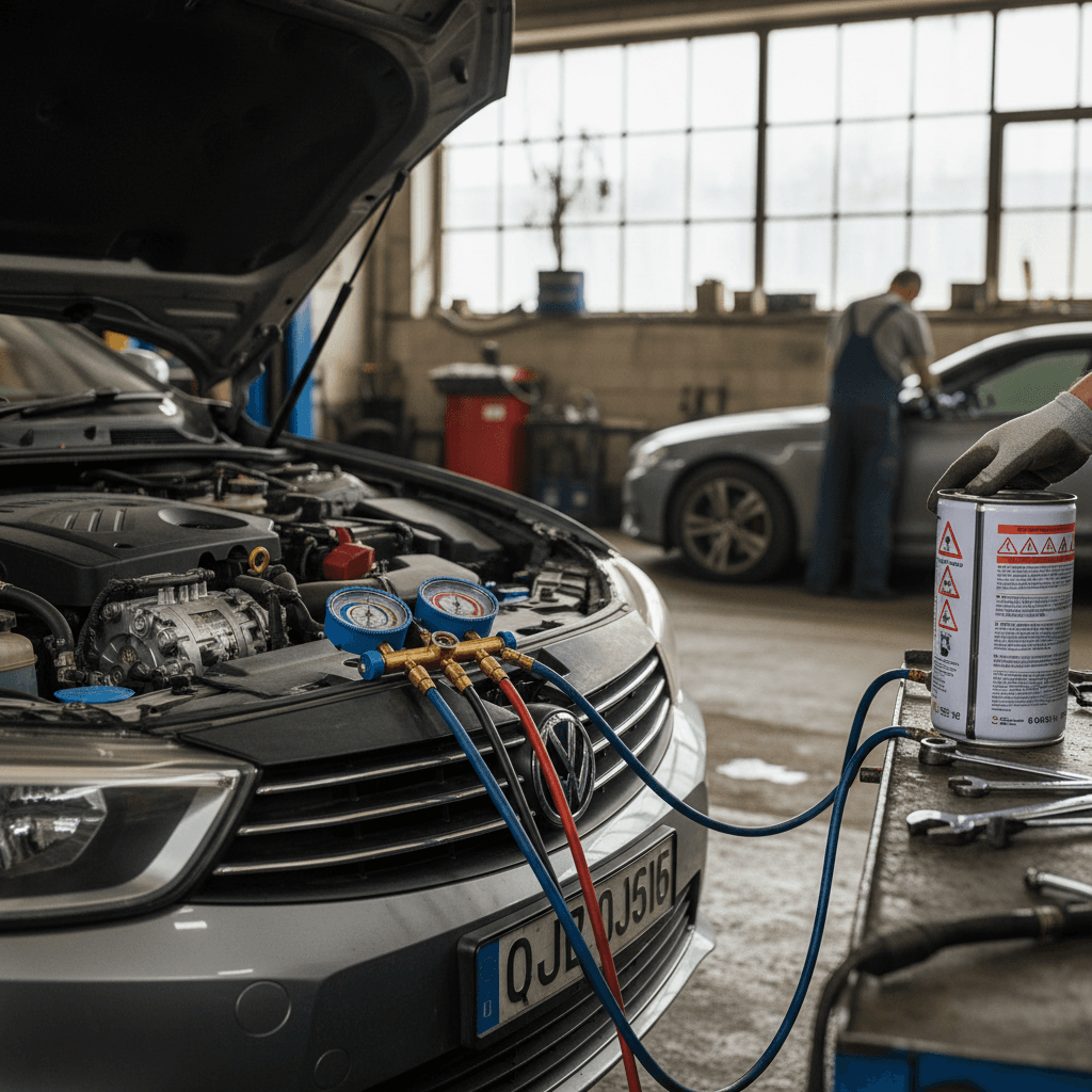 Driver adjusting car AC temperature and fan controls on the center console