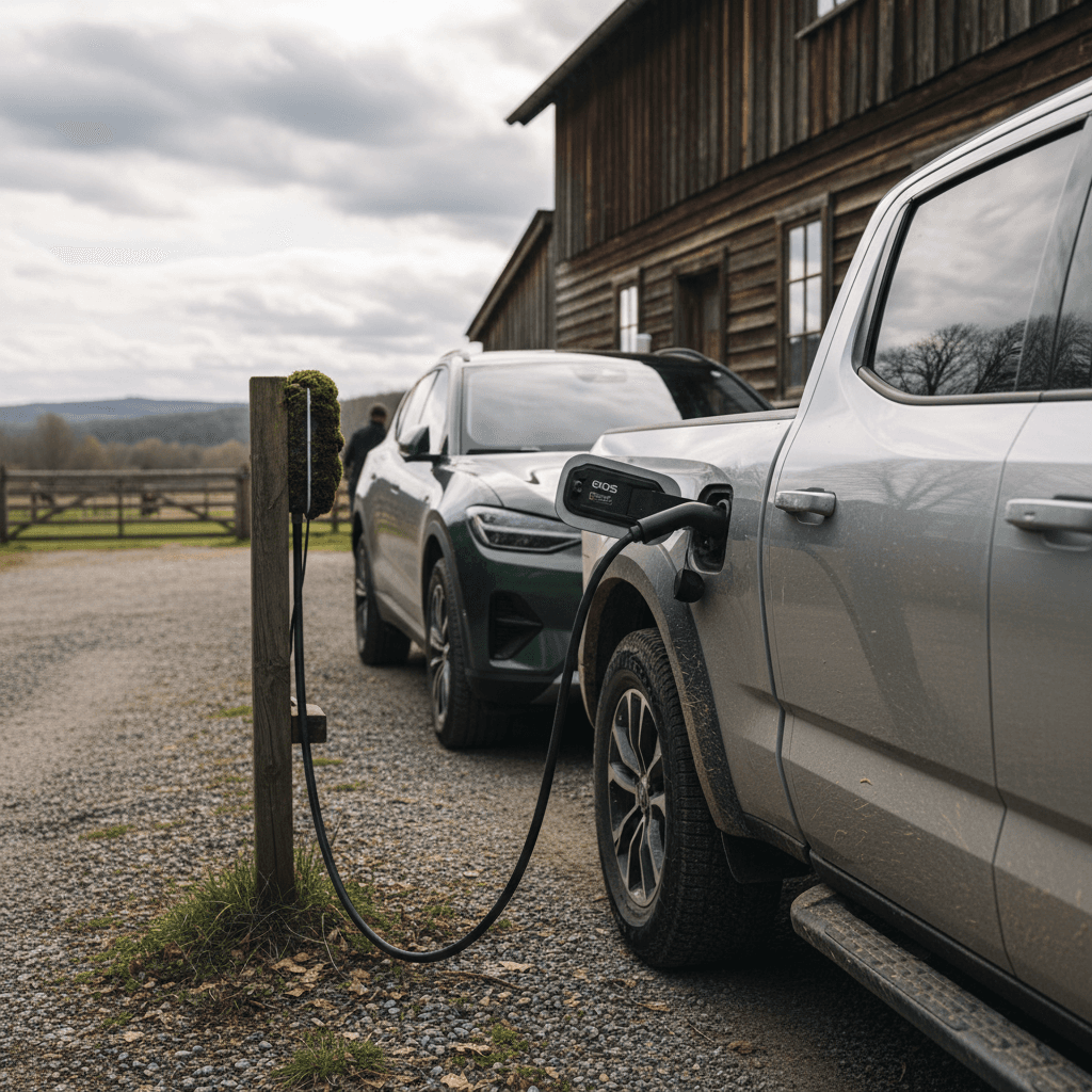 Electric SUV and electric pickup truck parked beside a farmhouse, both plugged into a Level 2 home charger on a gravel driveway