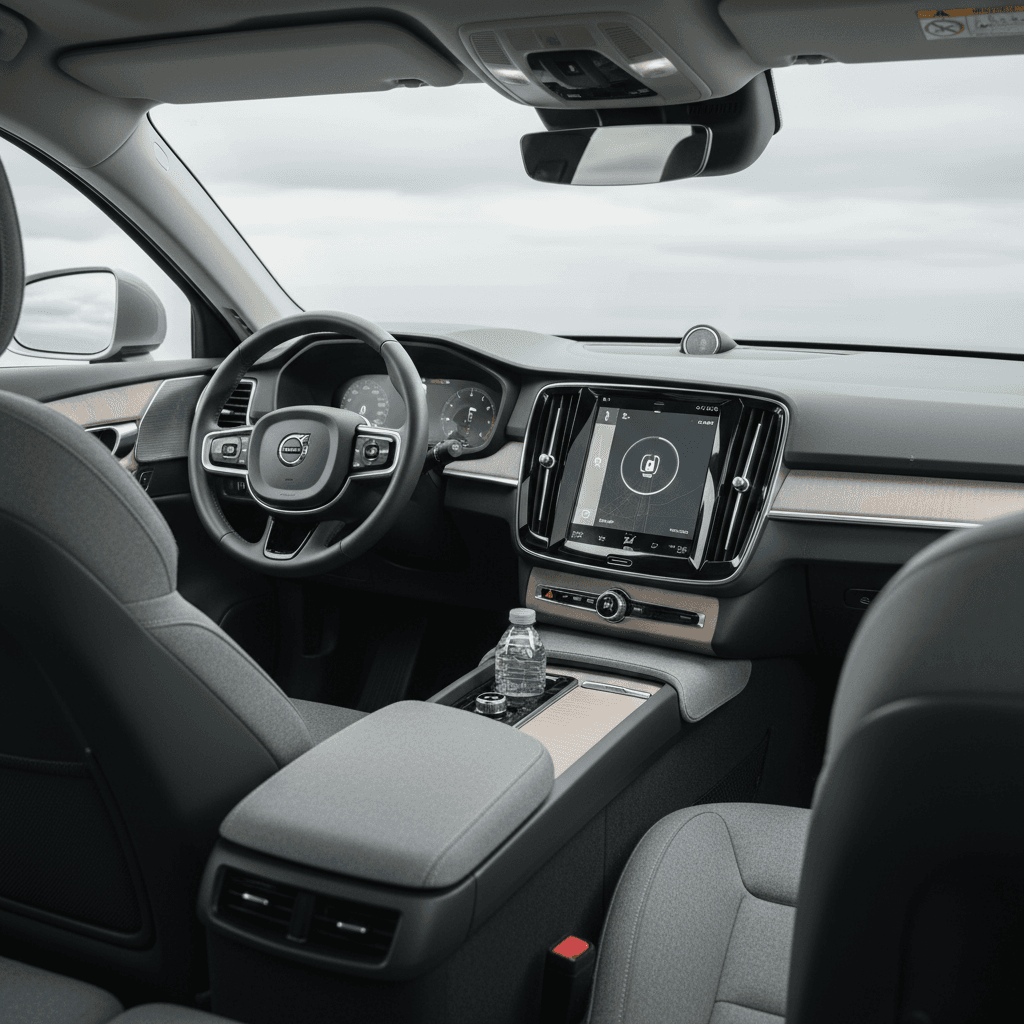 Minimalist interior of a 2025 Volvo EX90 with large portrait touchscreen and light upholstery