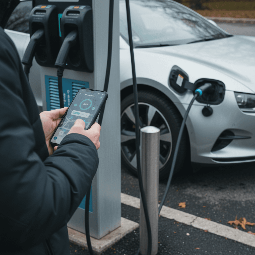 Kia Niro EV charging from a wall-mounted Level 2 charger in a home garage