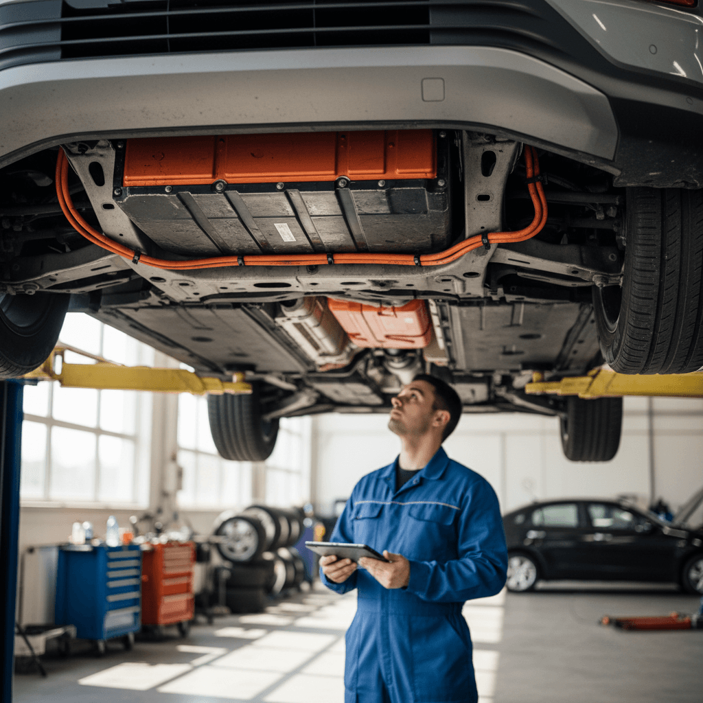 Technician inspecting the underbody and battery pack of a Hyundai Kona Electric on a lift