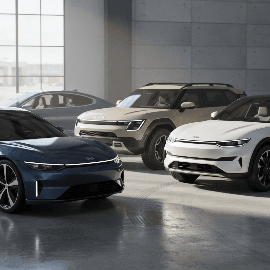 Lineup of several 2026 electric cars in different body styles including a sedan, compact crossover, and large SUV