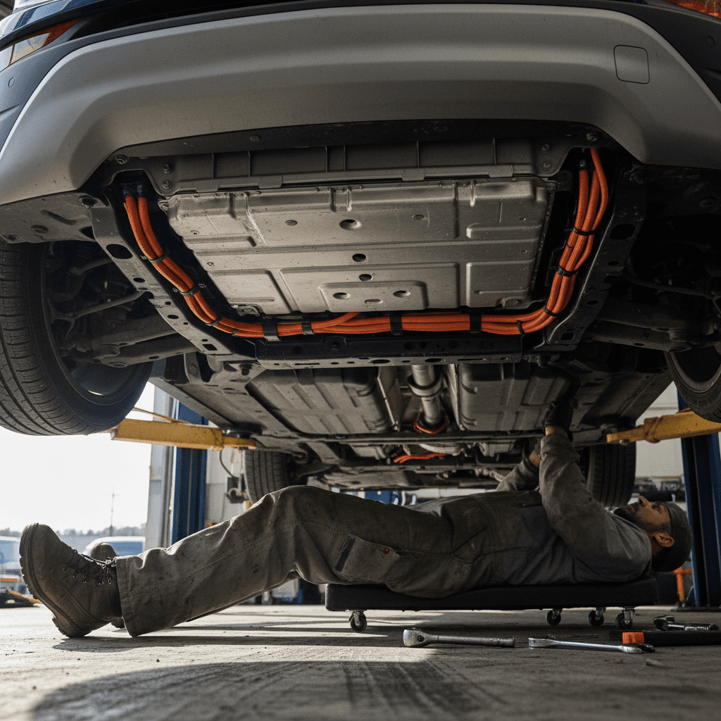 Mechanic working under a lifted Chevrolet Bolt EUV to inspect the high-voltage battery pack and orange cabling