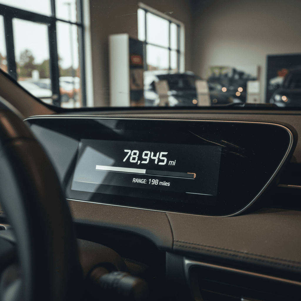 Digital odometer and range readout in a used electric car, showing total miles and estimated remaining range.