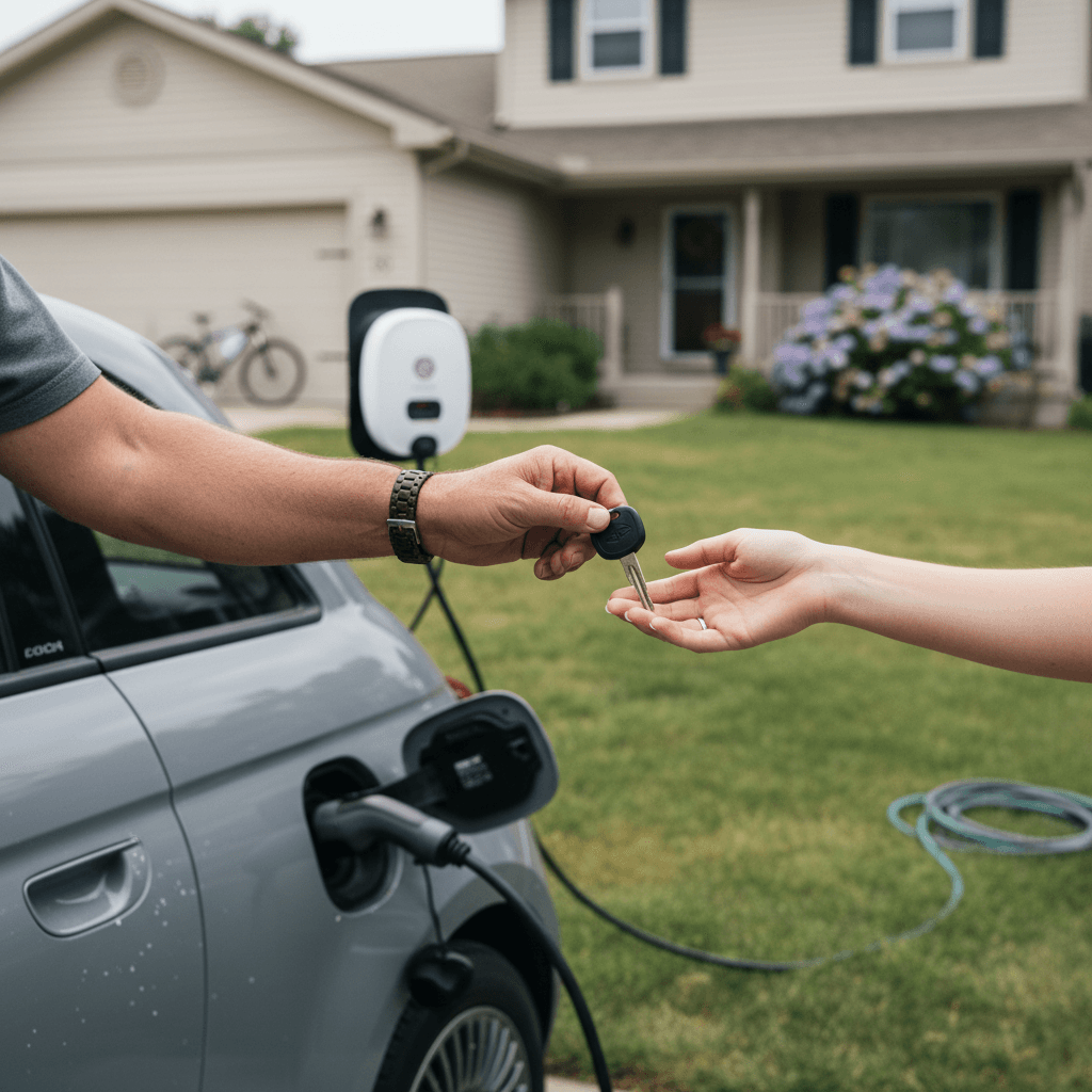 Owner reviewing a digital battery health report for a used Fiat 500e before selling it
