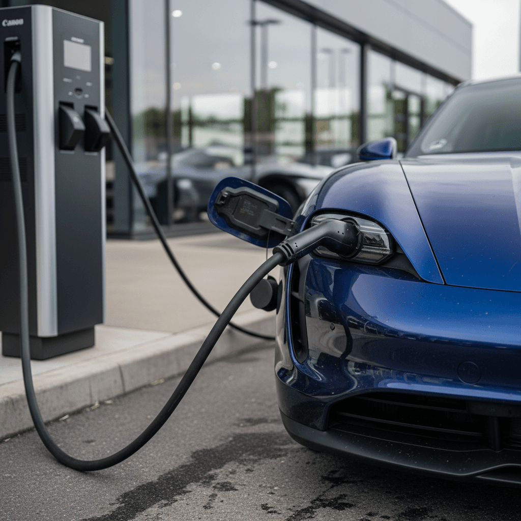 Used 2024 Porsche Taycan sedan plugged into a DC fast charger at a dealership lot