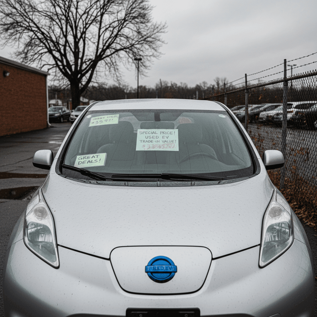 Used electric vehicles lined up on a Pennsylvania dealer lot showing price stickers and charge ports
