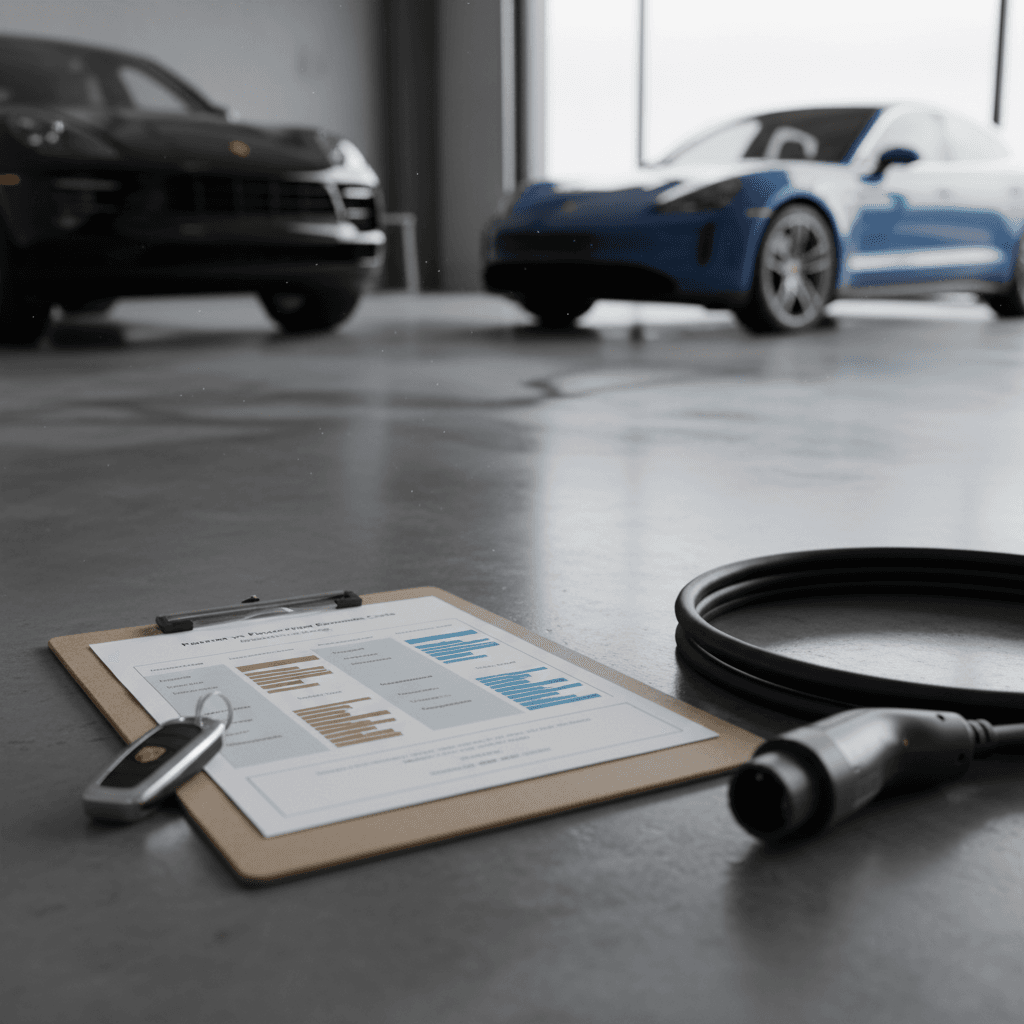 Clipboard with comparison chart of Porsche Macan vs Porsche Taycan ownership costs next to car keys and EV charging cable
