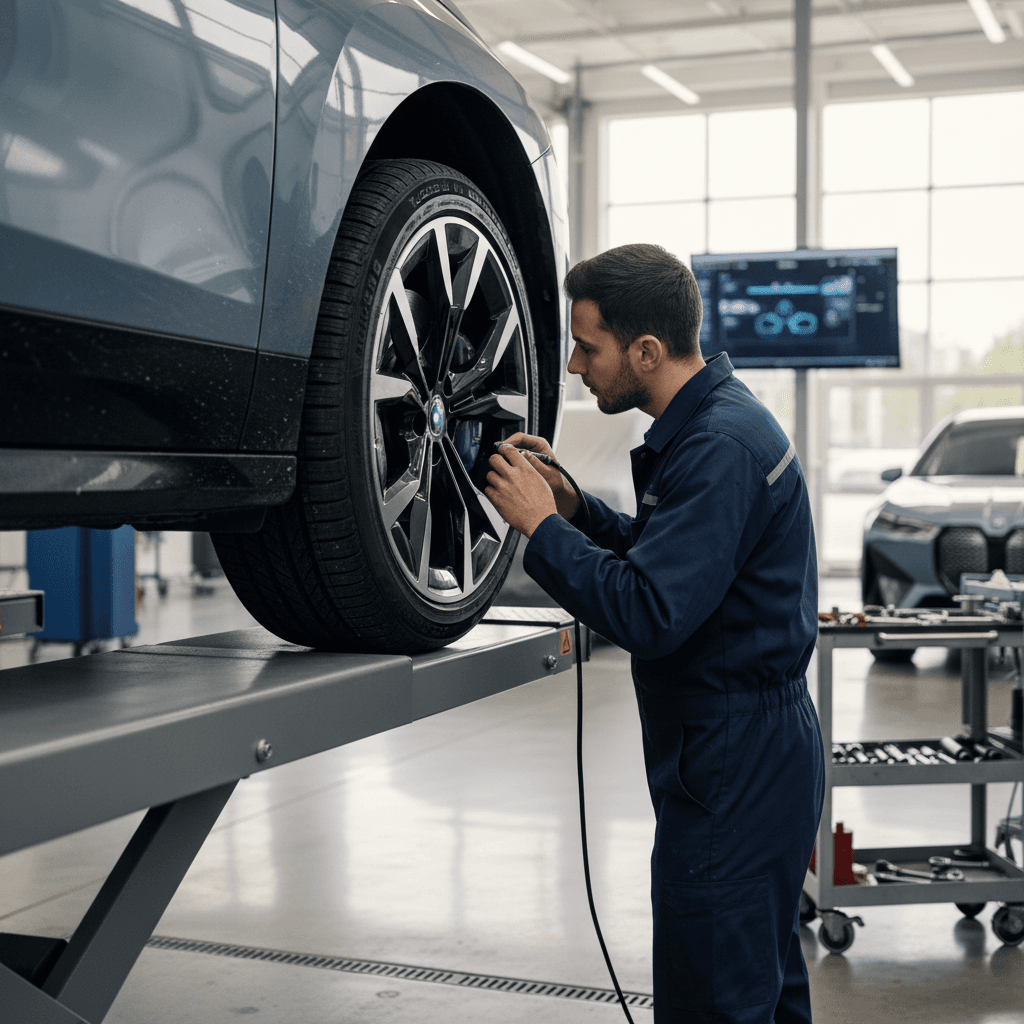 BMW iX on a lift while a technician inspects the wheels and brakes during a routine service visit
