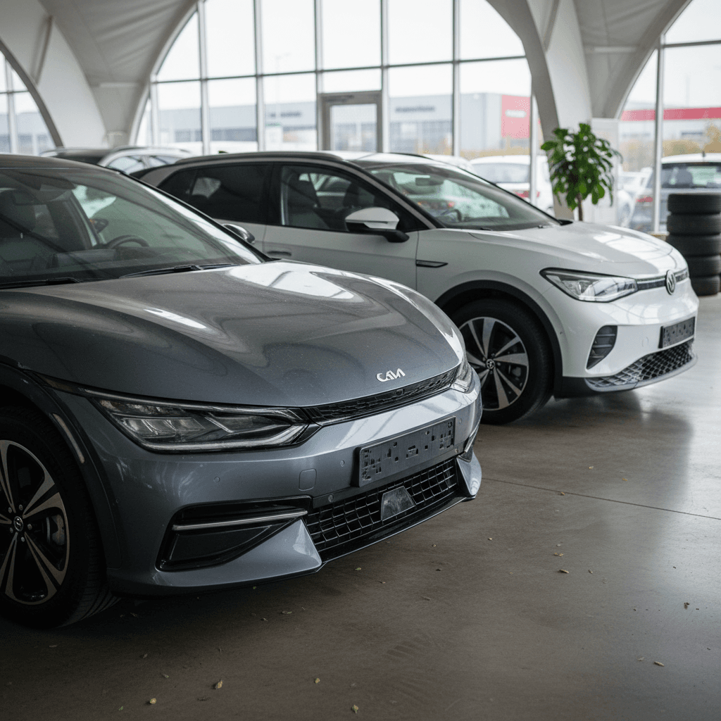 Kia EV6 and Volkswagen ID.4 parked side by side in a used EV lot, highlighting their size and shape differences