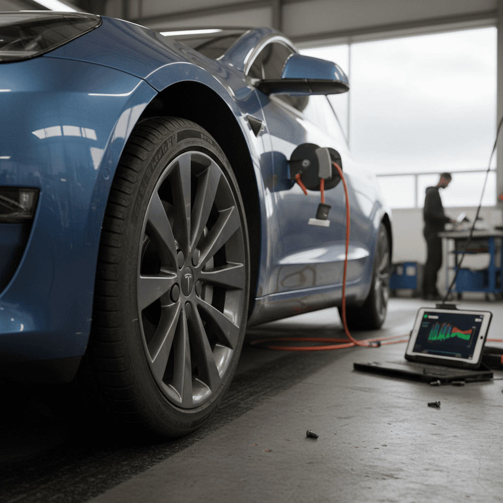 Technician inspecting the front suspension and brakes of a Tesla Model 3 on a lift