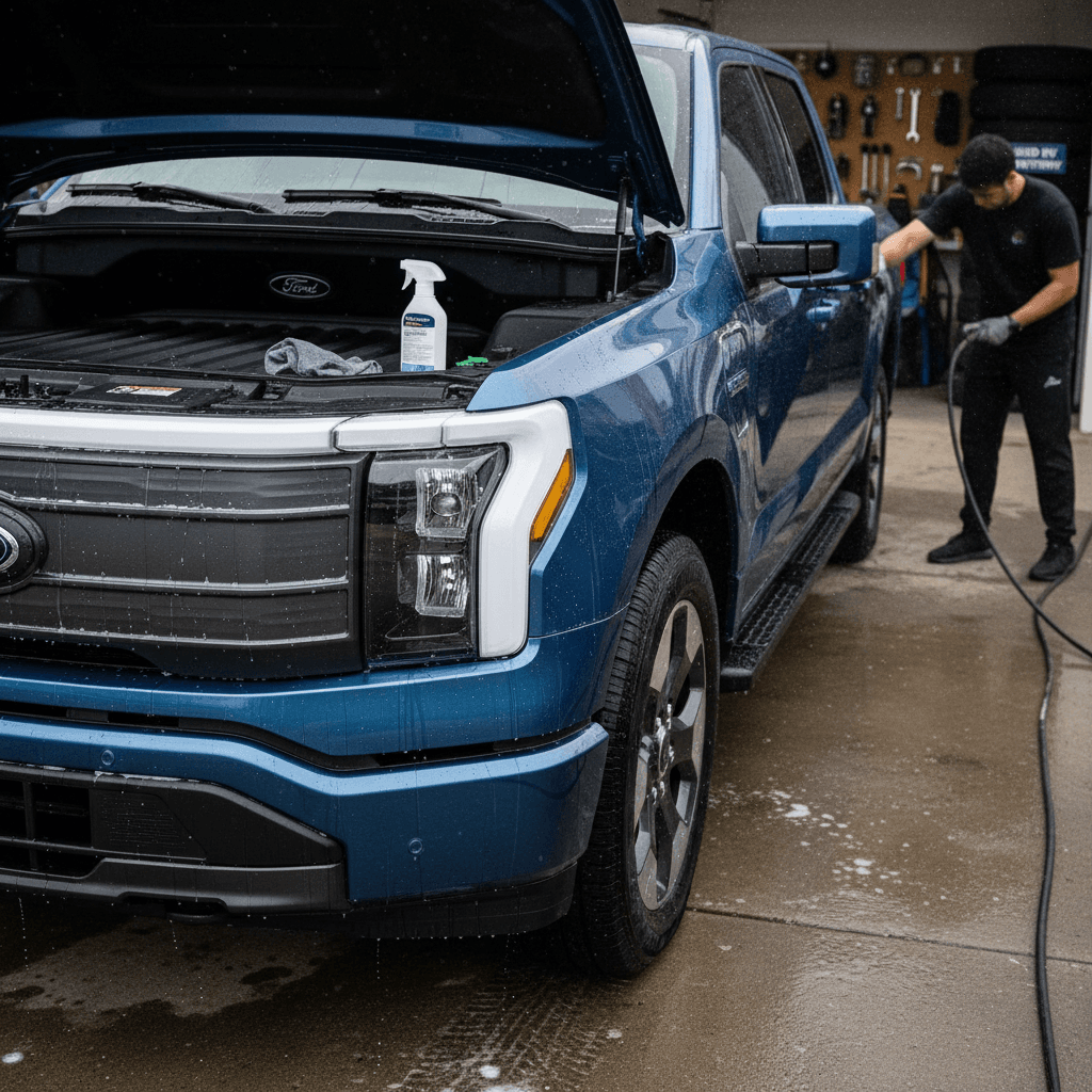 Owner cleaning a Ford F-150 Lightning and organizing the front trunk before selling the truck