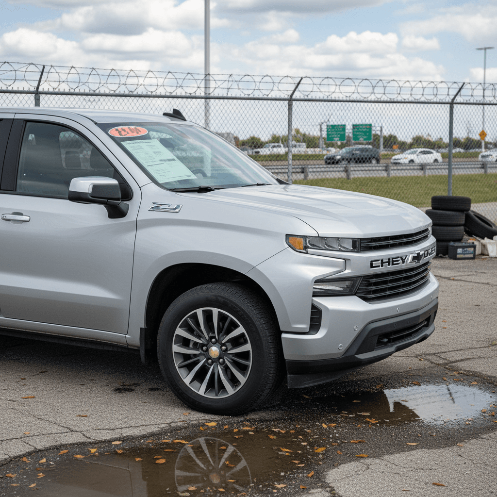 Used Chevrolet Silverado EV pickup truck parked on a lot, highlighting value on the windshield as a shopper considers buying it used after three years of ownership