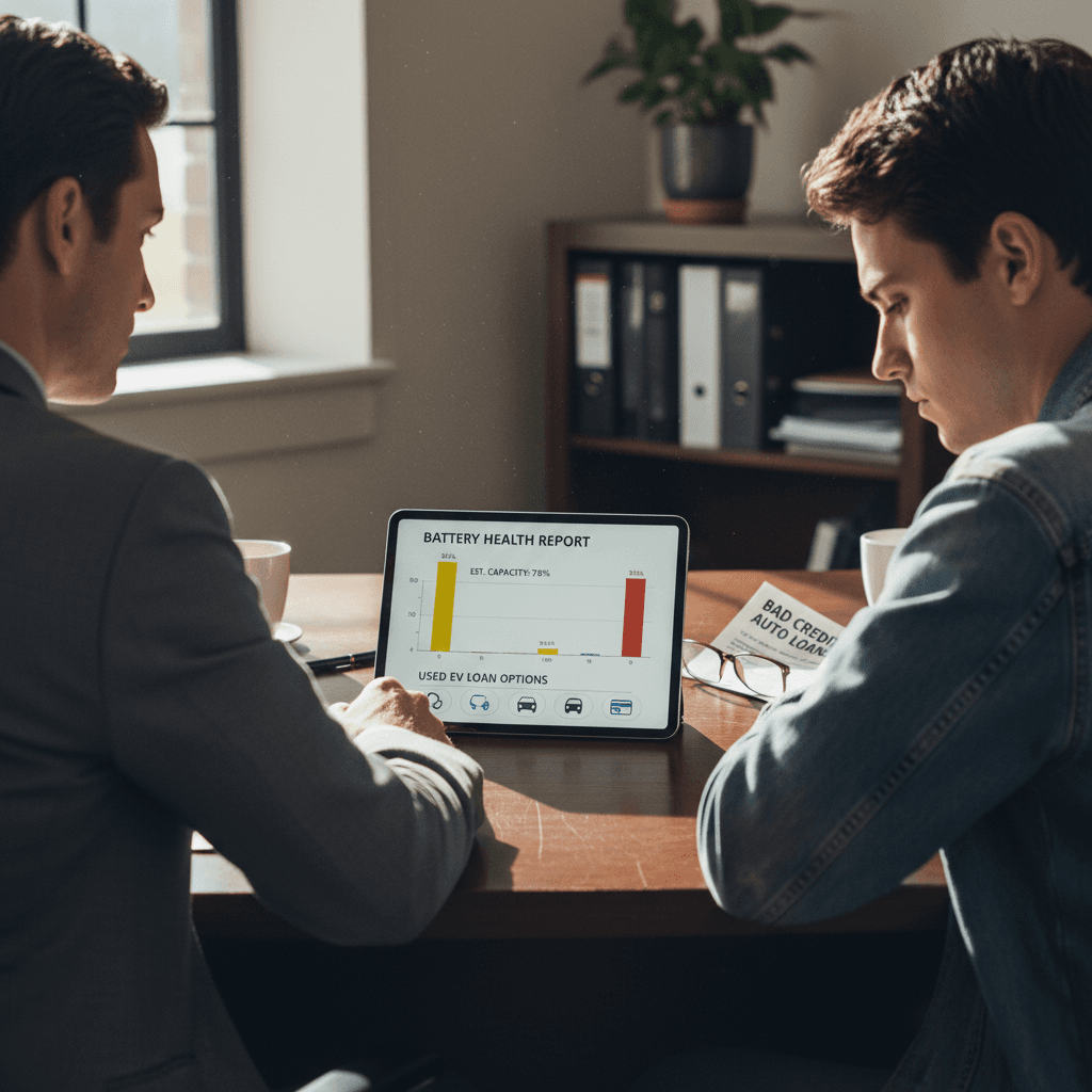 Finance manager and shopper reviewing a used EV battery-health report during loan discussion