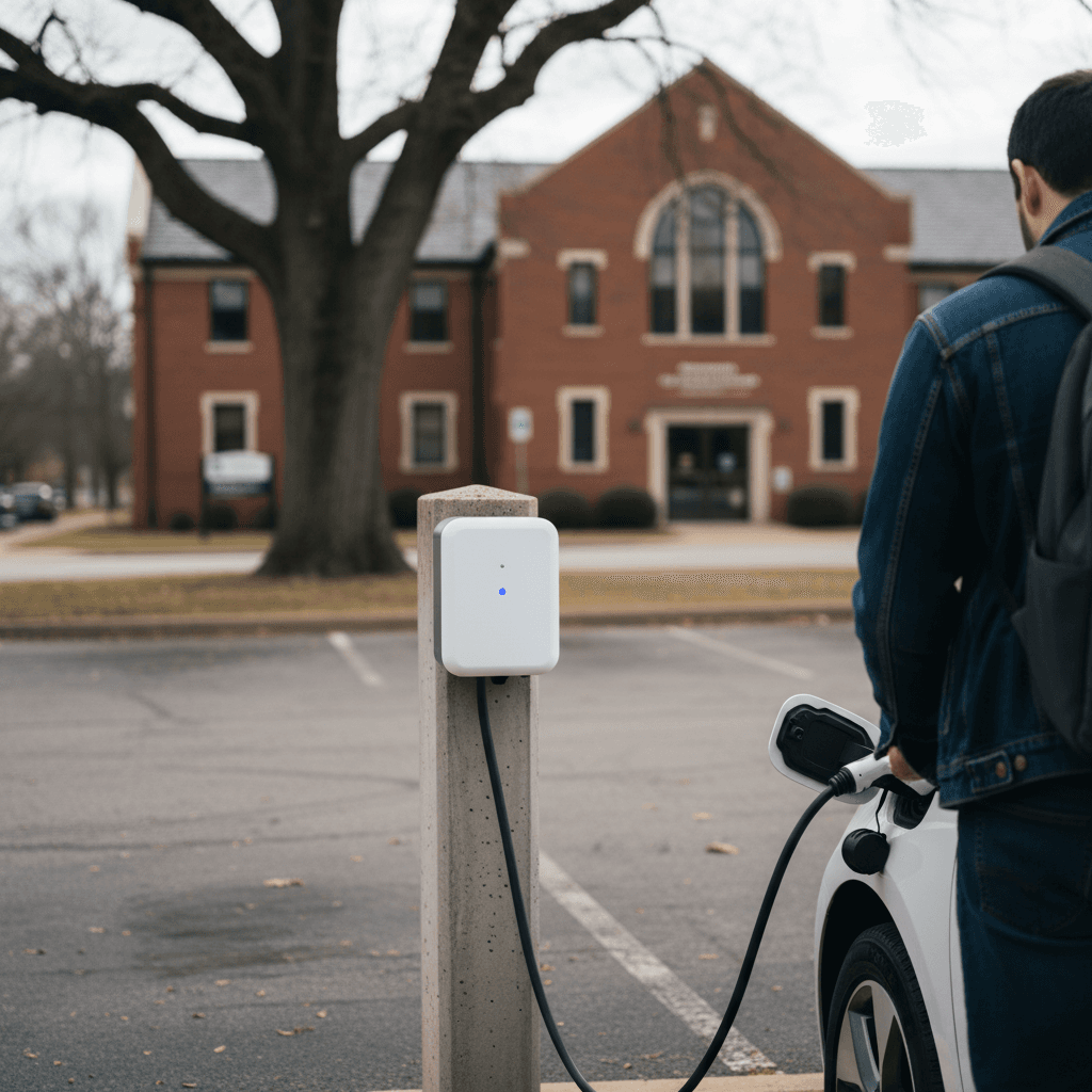 EV driver plugging into a small free Level 2 charger in a Nashville public library parking lot